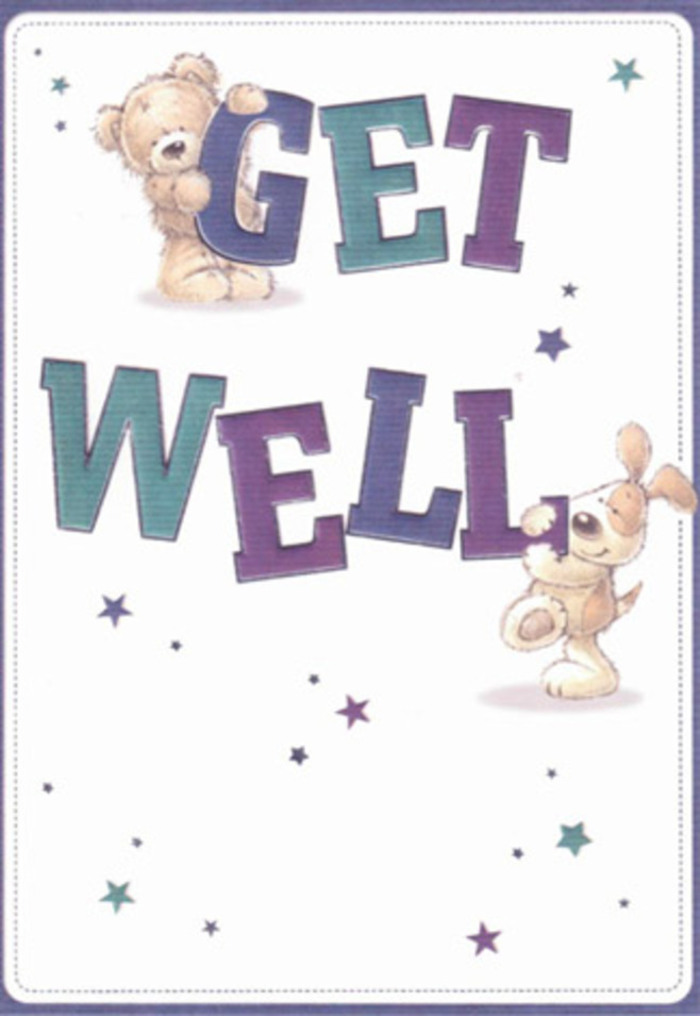 This get well card serves as a cheerful beacon of encouragement, beautifully illustrated with the friendly faces of a bear and a puppy. Around them, playful stars swirl, like laughter shared on a sunny bench in Gogmore Farm Park, carrying optimistic wishes on every bright dash of blue and purple. The oversized text, grounded in hues of cheerful purple and sea-blue, delivers a sense of confident reassurance, anchoring the uplifting scene. Every texture-from the lushly rendered bear's fluffy coat to the puppy's velvety ears-invites the viewer to imagine soft touches and warm hugs, much like the tactile joy of holding a bouquet arranged by Flowers Chertsey. Paired with an airy, shining background reminiscent of clear spring mornings overlooking the Thames, this card's artistry expresses pure warmth, making it a perfect companion for sending comfort and hope alongside a local delivery of fresh blooms to a loved one recovering in Chertsey or surrounding areas.